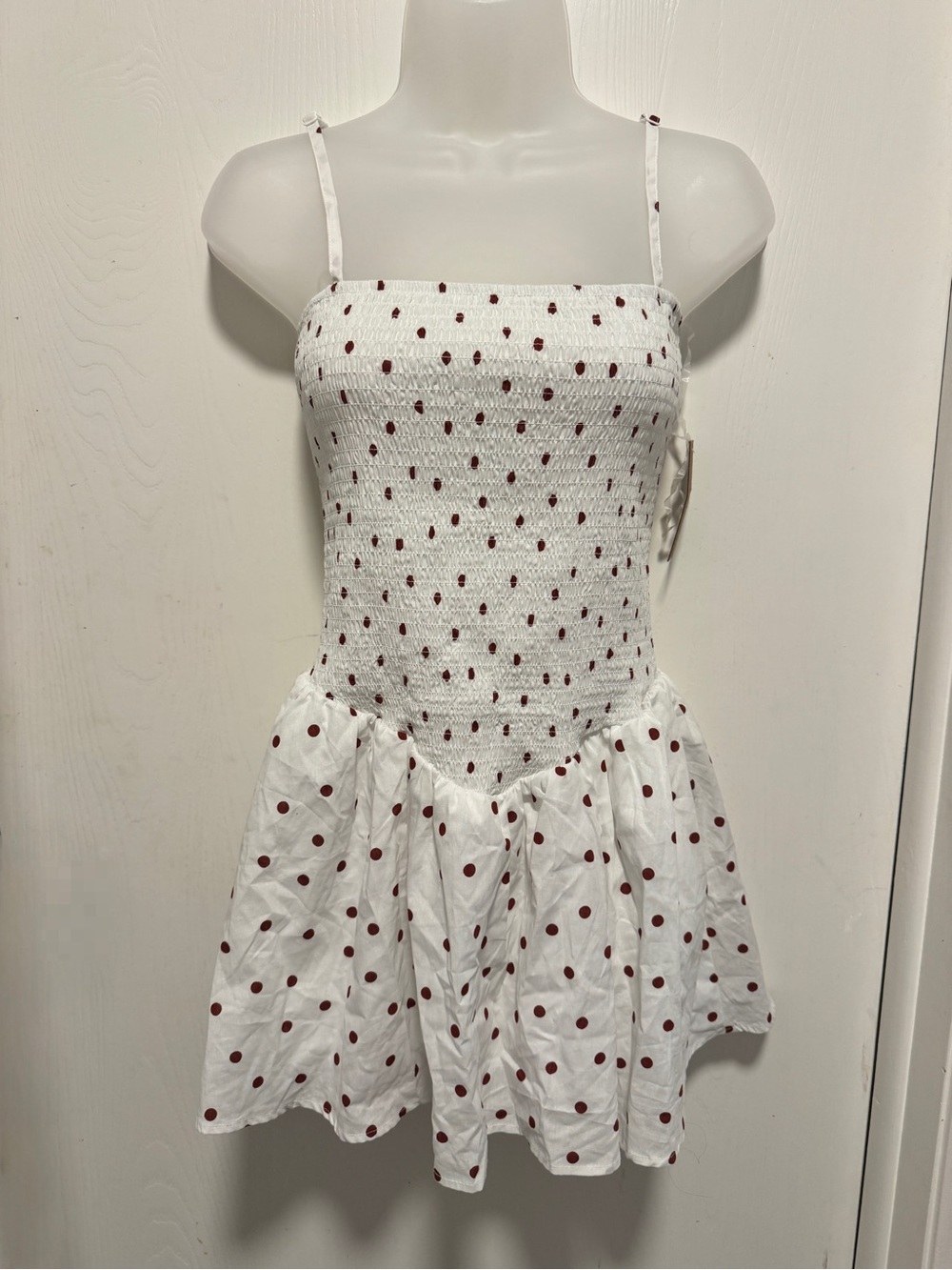 White Polka Dot Smocked Sundress with Burgundy Dots